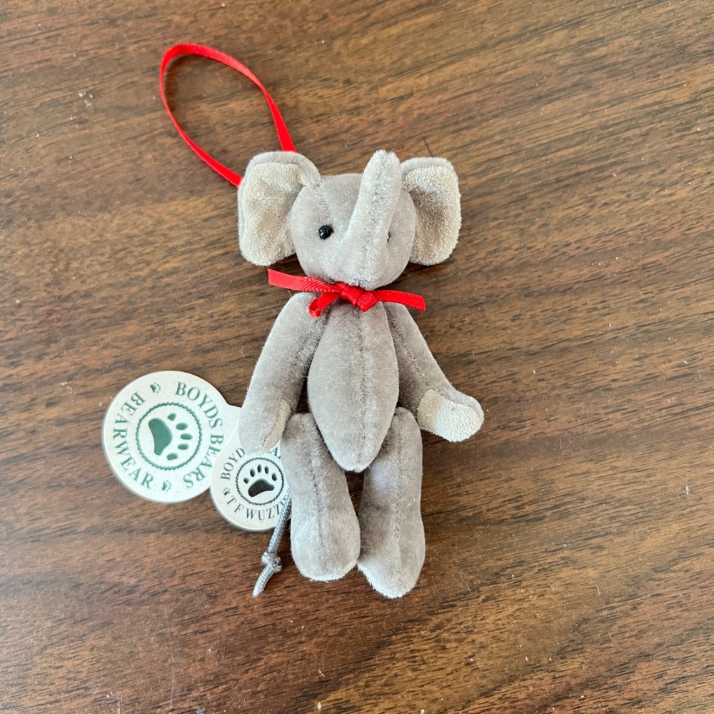 Boyds Bears TF Wuzzie Elephant Ornament Grey Plush Miniature Red Bow Tagged